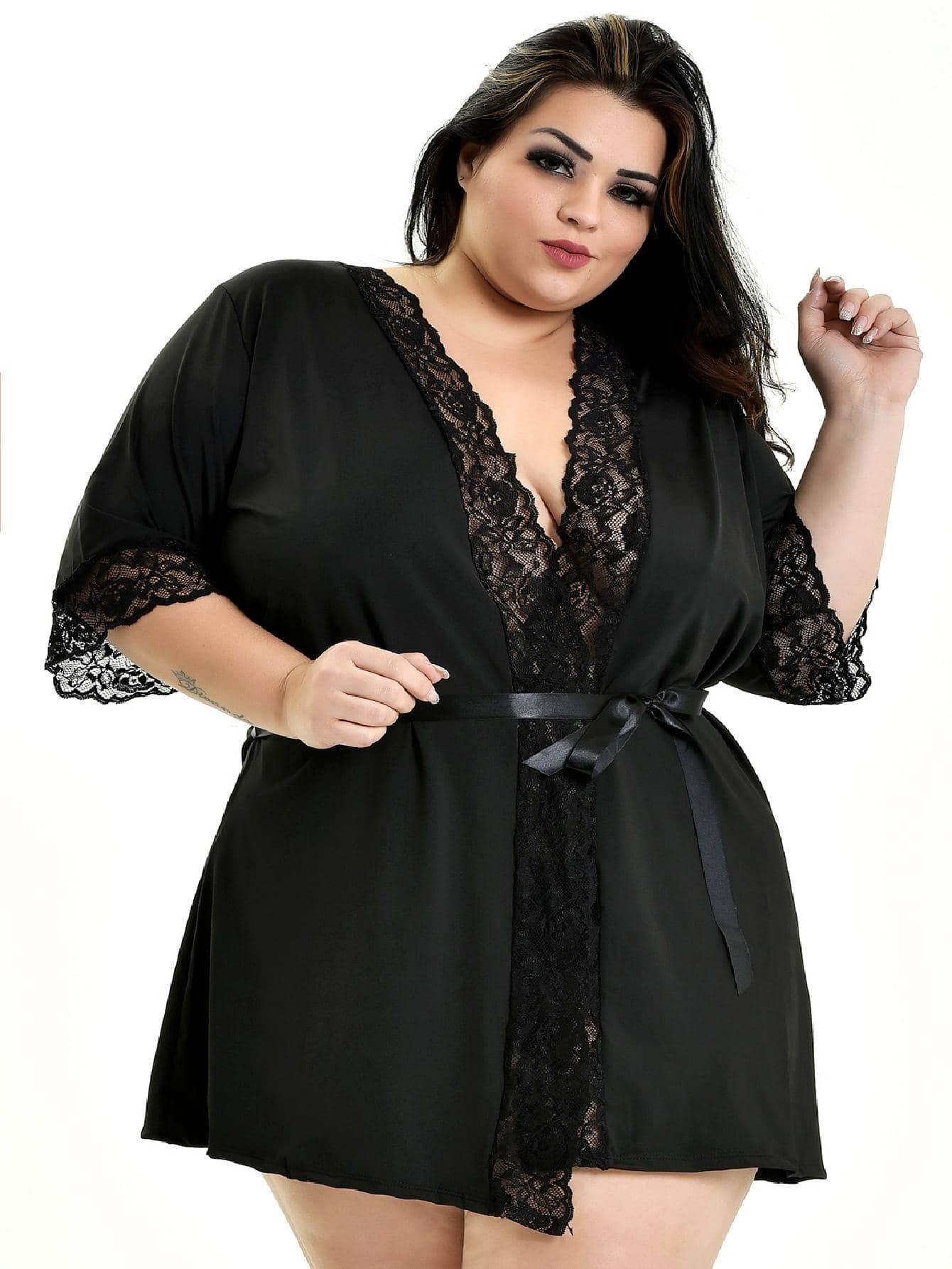 Plus Size Robes & Robe Sets - Negro - Ver 1