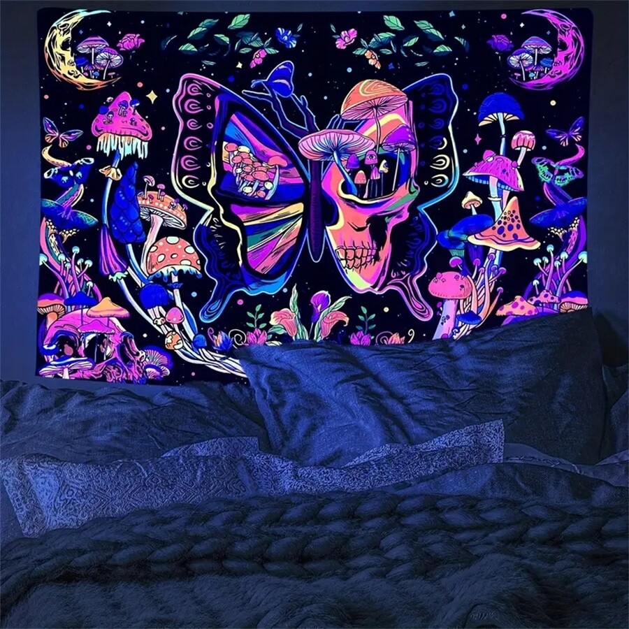 Butterfly Mushroom Moon Fluorescent Tapestry,UV Black Light TapestryFor