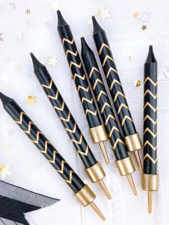 6pcs Black & Golden Stripe Design Cake Candle Decoration With Insert For Birthday Celebration Back To School Valentine Day