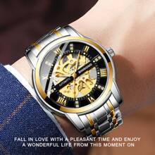 1入組男士金銀色自動陀飛輪機械腕表,齒輪機構,不鏽鋼錶帶,透明中空錶盤和防水功能 - 彩色 - 查看 3