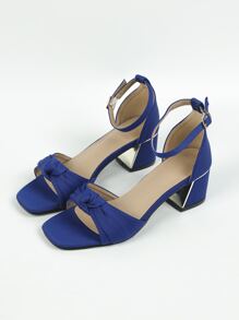 Chunky Heel Peep-Toe Ankle Strap Sandals With Knotted Design, Simple And Fashionable - Blue - View 2