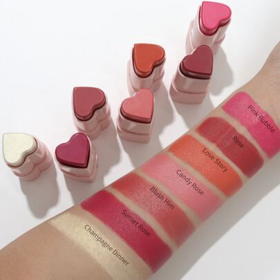 HECI BEAUTY Barra de rubor en crema con forma de corazón 3 en 1, colores bonitos y lindos, brillo natural de rosa, rubor de maquillaje de larga duración para labios, ojos y mejillas, 1 pieza