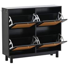 Rattan Boho Style Shoe Cabinet with 4 Flip Drawers, Modern 2-Tier Shoe Storage Organizer with Large Space, Free Standing Shoe Rack for Entrance Hallway, Black - 黑色 - 查看 2