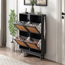 Rattan Boho Style Shoe Cabinet with 4 Flip Drawers, Modern 2-Tier Shoe Storage Organizer with Large Space, Free Standing Shoe Rack for Entrance Hallway, Black - 黑色 - 查看 9