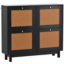 Rattan Boho Style Shoe Cabinet with 4 Flip Drawers, Modern 2-Tier Shoe Storage Organizer with Large Space, Free Standing Shoe Rack for Entrance Hallway, Black - 黑色 - 查看 6