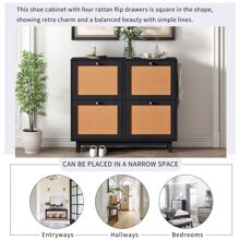 Rattan Boho Style Shoe Cabinet with 4 Flip Drawers, Modern 2-Tier Shoe Storage Organizer with Large Space, Free Standing Shoe Rack for Entrance Hallway, Black - 黑色 - 查看 11