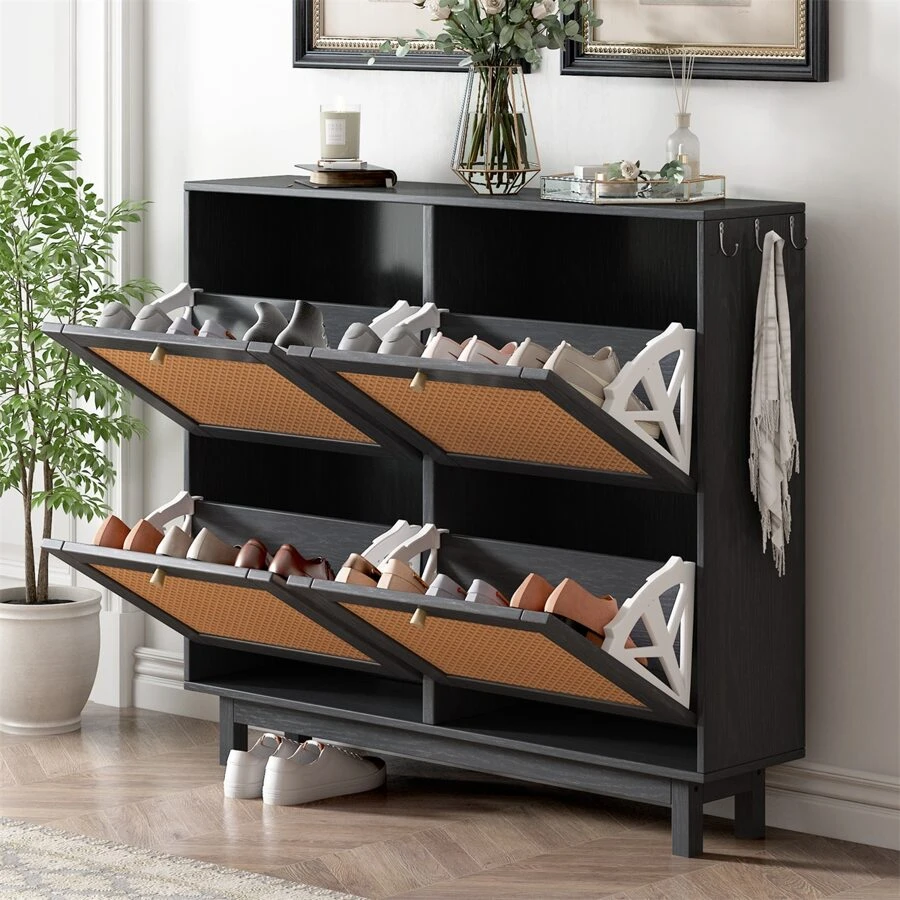 Rattan Boho Style Shoe Cabinet with 4 Flip Drawers, Modern 2-Tier Shoe Storage Organizer with Large Space, Free Standing Shoe Rack for Entrance Hallway, Black - 黑色 - 查看 1