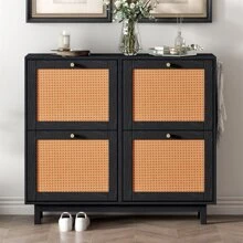 Rattan Boho Style Shoe Cabinet with 4 Flip Drawers, Modern 2-Tier Shoe Storage Organizer with Large Space, Free Standing Shoe Rack for Entrance Hallway, Black - 黑色 - 查看 7