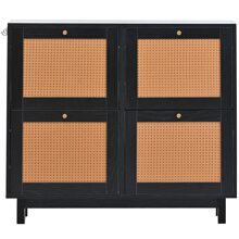 Rattan Boho Style Shoe Cabinet with 4 Flip Drawers, Modern 2-Tier Shoe Storage Organizer with Large Space, Free Standing Shoe Rack for Entrance Hallway, Black - 黑色 - 查看 10