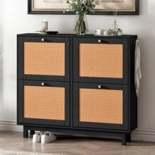 Rattan Boho Style Shoe Cabinet with 4 Flip Drawers, Modern 2-Tier Shoe Storage Organizer with Large Space, Free Standing Shoe Rack for Entrance Hallway, Black - 黑色 - 查看 3