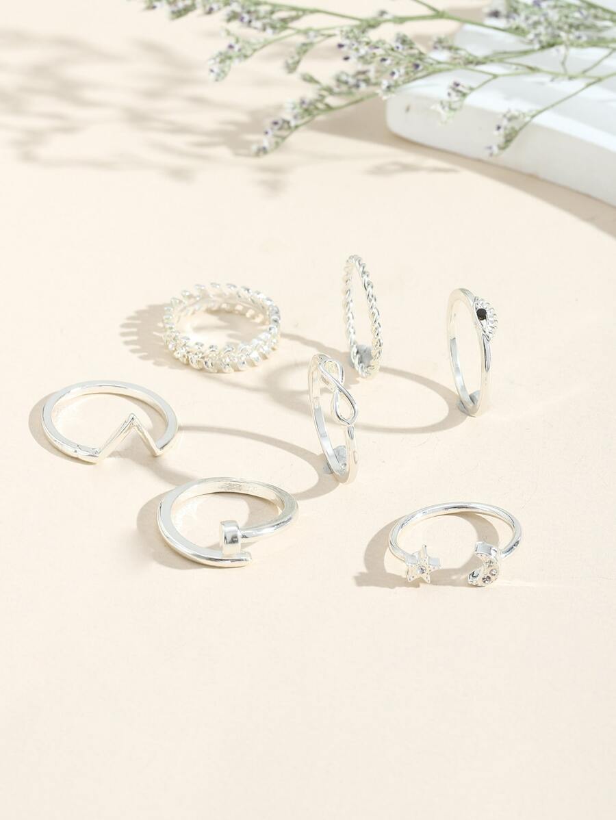 7入組/套極簡戒指 - 銀色 - 查看 1