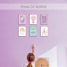 6pcs/set Unicorn Room Decorations For Girls' Bedroom, Kids Home Decor, Unicorn Bedroom Decor For Girls, Rainbow Unicorn Wall Decor, Theme Art Printed Canvas Poster For Teen Girls Room, Unframed, With Gold Foil And Fine Graphics, 8x10in - Pink - View 3