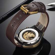 1入組男士咖啡棕色錶帶時尚陀飛輪防水圓形錶盤石英手錶，適合日常生活 - 棕色 - 查看 2