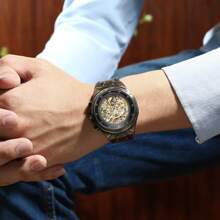 1入組男士咖啡棕色錶帶時尚陀飛輪防水圓形錶盤石英手錶，適合日常生活 - 棕色 - 查看 7