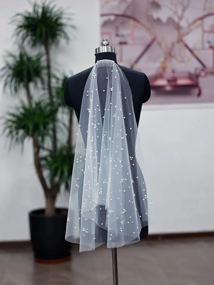 1 件白色巴洛克风格短款新娘婚礼派对表演发梳，配珍珠薄纱面纱，女士秋季服装 - 白色 - 查看 1