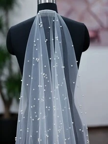 1 件白色巴洛克风格短款新娘婚礼派对表演发梳，配珍珠薄纱面纱，女士秋季服装 - 白色 - 查看 2