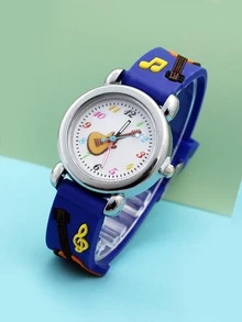 Kids Blue Cartoon Guitar Pattern PVC Strap Lovely Quartz Watch For Daily Wear - Blue - View 4