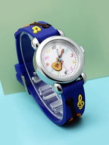 Kids Blue Cartoon Guitar Pattern PVC Strap Lovely Quartz Watch For Daily Wear - Blue - View 3