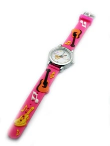 Kids Rose Red Cartoon Guitar Pattern PVC Strap Lovely Quartz Watch For Daily Wear - Hot Pink - View 2