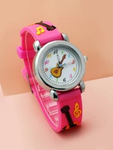 Kids Rose Red Cartoon Guitar Pattern PVC Strap Lovely Quartz Watch For Daily Wear - Hot Pink - View 3