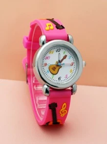 Kids Rose Red Cartoon Guitar Pattern PVC Strap Lovely Quartz Watch For Daily Wear - Hot Pink - View 1