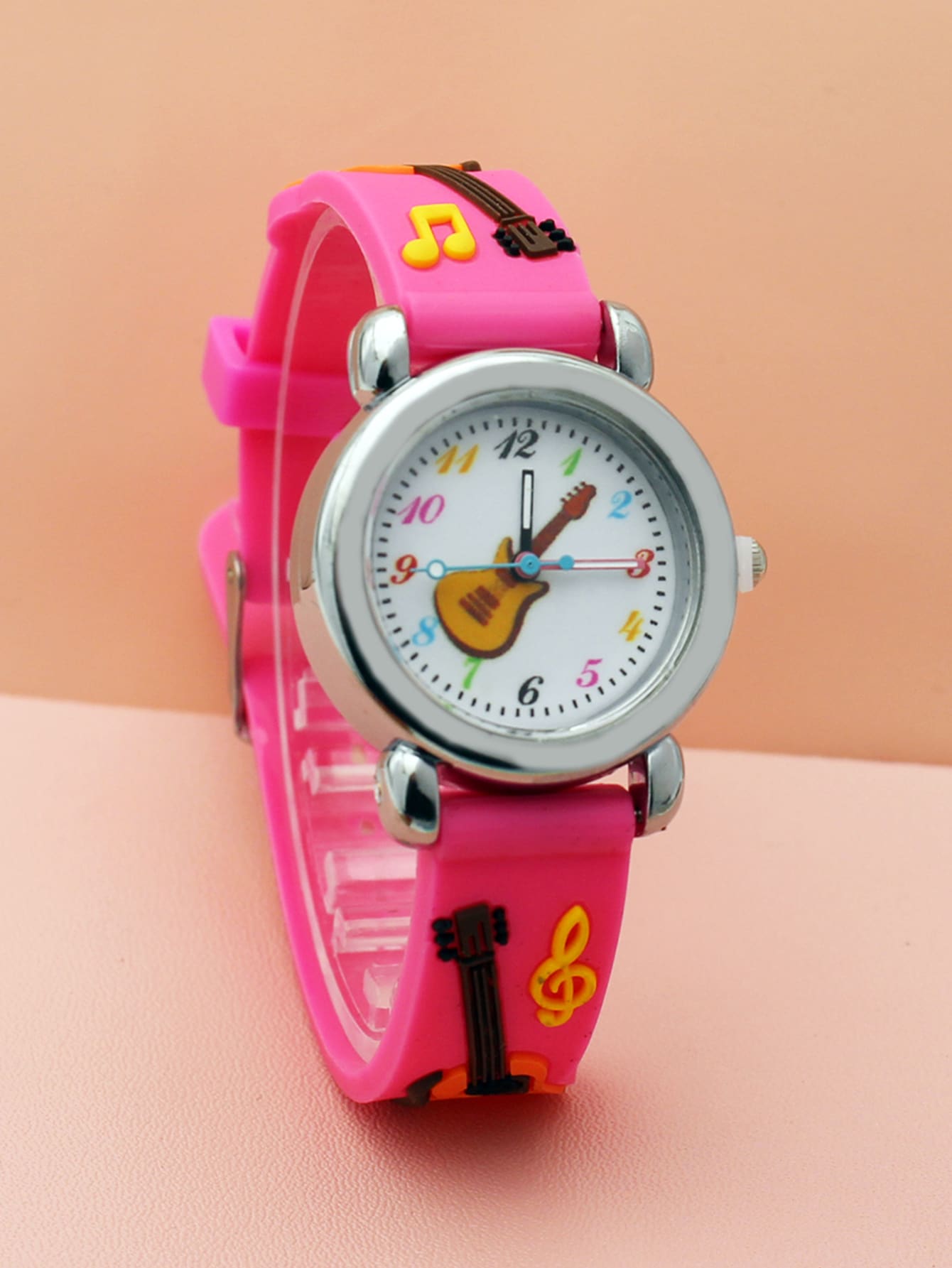 Kids Rose Red Cartoon Guitar Pattern PVC Strap Lovely Quartz Watch For Daily Wear - Hot Pink - View 1