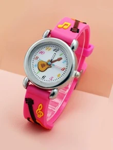 Kids Rose Red Cartoon Guitar Pattern PVC Strap Lovely Quartz Watch For Daily Wear - Hot Pink - View 4