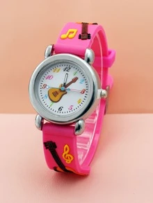 Kids Rose Red Cartoon Guitar Pattern PVC Strap Lovely Quartz Watch For Daily Wear - Hot Pink - View 5