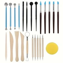 24pcs Polymer Silicone Rubber Clay Sculpting Tools - Wooden Clay Scraper - Silicone Rubber Paintbrush And Modeling Ball Dotting Tool For Pottery Sculpture Craft And DIY Handicraft Nail Art - Multicolor - View 1