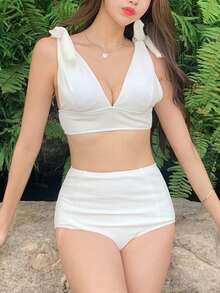 Knot Shoulder High-Waisted, Slim-Fit Design Athletic Bikini Set - White - View 1