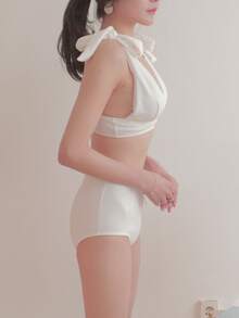 Knot Shoulder High-Waisted, Slim-Fit Design Athletic Bikini Set - White - View 4