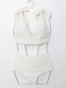 Knot Shoulder High-Waisted, Slim-Fit Design Athletic Bikini Set - White - View 5