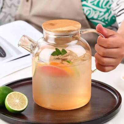 适用于炉灶和微波炉的玻璃茶壶，带可拆卸滤嘴的玻璃硼硅酸盐茶壶，带竹盖的玻璃茶壶，用于散叶茶、水果茶和花茶的茶壶