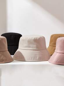女士漁夫帽春秋時尚遮陽帽韓版素色防紫外線瘦臉夏季防曬帽 - 粉色 - 查看 6
