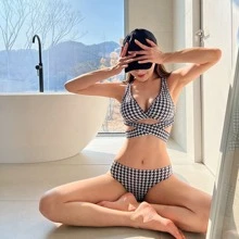 Houndstooth Print Wrap Bikini Two Pieces Women's Swimwear Summer - Black and White - View 1