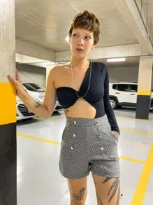 Body Assimétrico Manga Longa Bodysuit Lado Cropped E Lado Manga Top Enrolado Torcido Duplo Look Festival Ano Novo UV+50