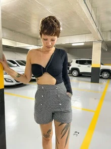 Body Assimétrico Manga Longa Bodysuit Lado Cropped E Lado Manga Top Enrolado Torcido Duplo Look Festival Ano Novo UV+50