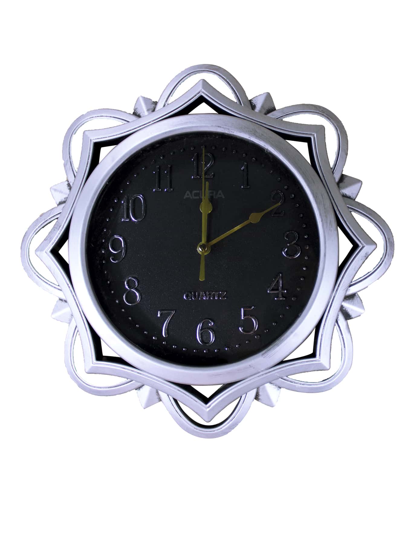 Wall Clock, Analog, Sun Design, Large Numbers - Silver - View 1