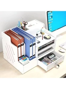 Organizador de escritorio para oficina y hogar, con caja de pañuelos, soporte para bolígrafos y cajón con cerradura, de regreso a la escuela - Blanco - Ver 5