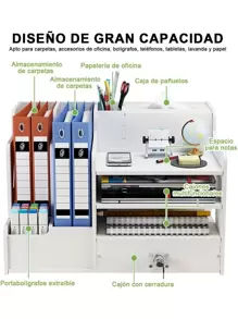 Organizador de escritorio para oficina y hogar, con caja de pañuelos, soporte para bolígrafos y cajón con cerradura, de regreso a la escuela - Blanco - Ver 2