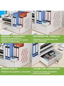 Organizador de escritorio para oficina y hogar, con caja de pañuelos, soporte para bolígrafos y cajón con cerradura, de regreso a la escuela - Blanco - Ver 6