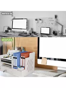 Organizador de escritorio para oficina y hogar, con caja de pañuelos, soporte para bolígrafos y cajón con cerradura, de regreso a la escuela - Blanco - Ver 3