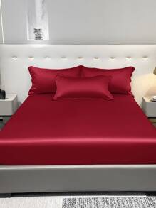 1pc Fashionable Solid Color Ice Silk Satin Fitted Sheet Bedspread Skin-Friendly Dustproof Cover For Bedroom Home Textile Bedding - Multicolor - View 4