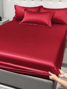 1pc Fashionable Solid Color Ice Silk Satin Fitted Sheet Bedspread Skin-Friendly Dustproof Cover For Bedroom Home Textile Bedding - Multicolor - View 1