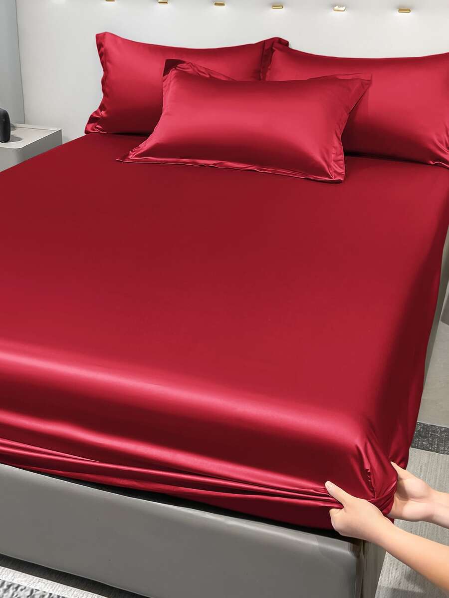 1pc Fashionable Solid Color Ice Silk Satin Fitted Sheet Bedspread Skin-Friendly Dustproof Cover For Bedroom Home Textile Bedding - Multicolor - View 1