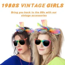 80年代花樣洋裝服飾配件,花樣風格派對套裝&套件適合女士&兒童,熒光色腿部保暖套項鍊手環漁網手套花邊蝴蝶結髮箍耳環太陽眼鏡,彩虹 - 彩色 - 查看 4