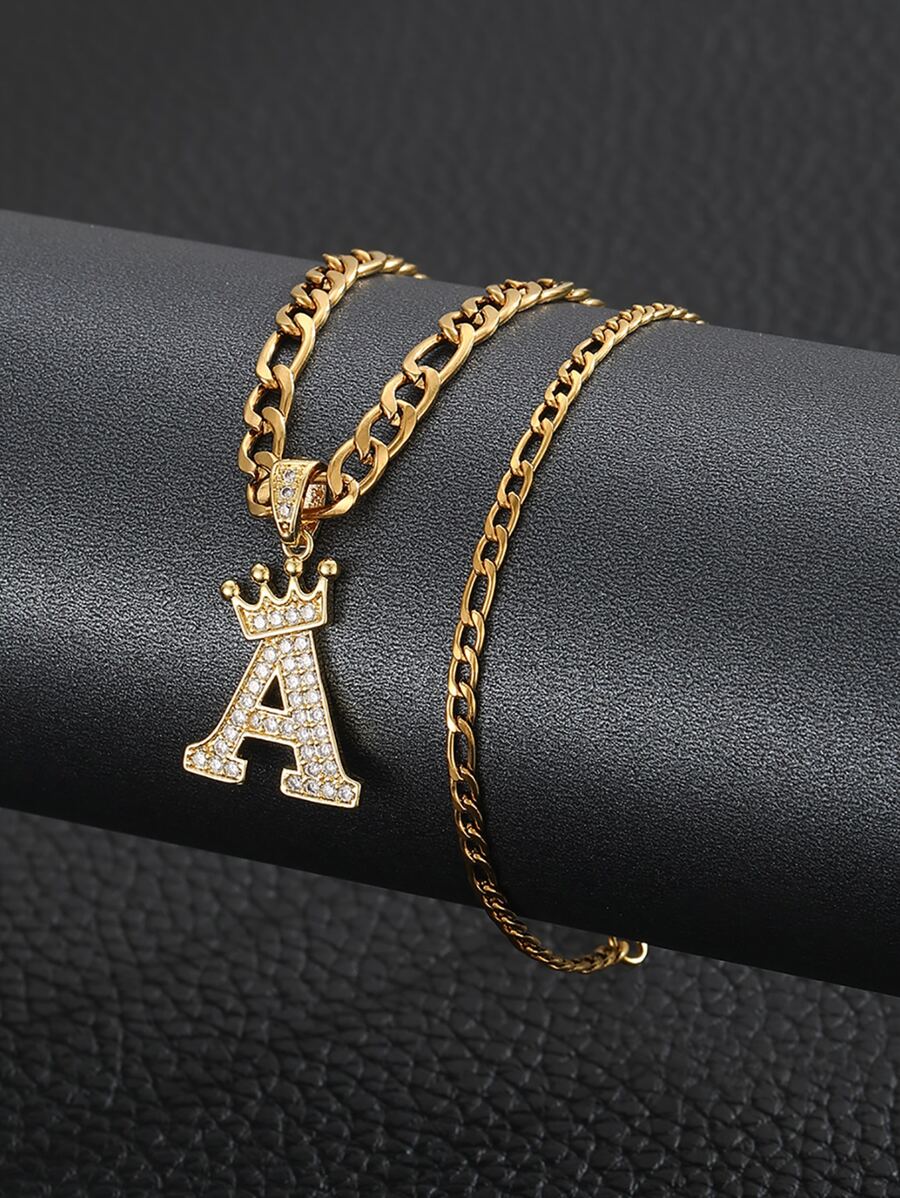 1 Set Stainless Steel Crown 3:1 NK Figaro & Initial Alphabet Chain Necklace Bracelet Set For Boys Girls Fashion Party Jewelry For Birthday Gift - Yellow Gold - View 1