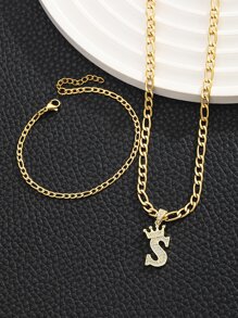 1 Set Stainless Steel Crown 3:1 NK Figaro & Initial Alphabet Chain Necklace Bracelet Set For Boys Girls Fashion Party Jewelry For Birthday Gift - Yellow Gold - View 3