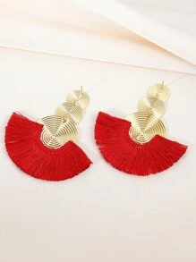 1pair Geometric Exaggerated Circles & Tassel Design Bohemian Style Fan Shaped Earrings For Women - Red - View 5