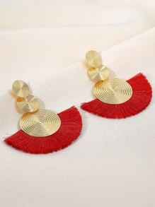 1pair Geometric Exaggerated Circles & Tassel Design Bohemian Style Fan Shaped Earrings For Women - Red - View 4